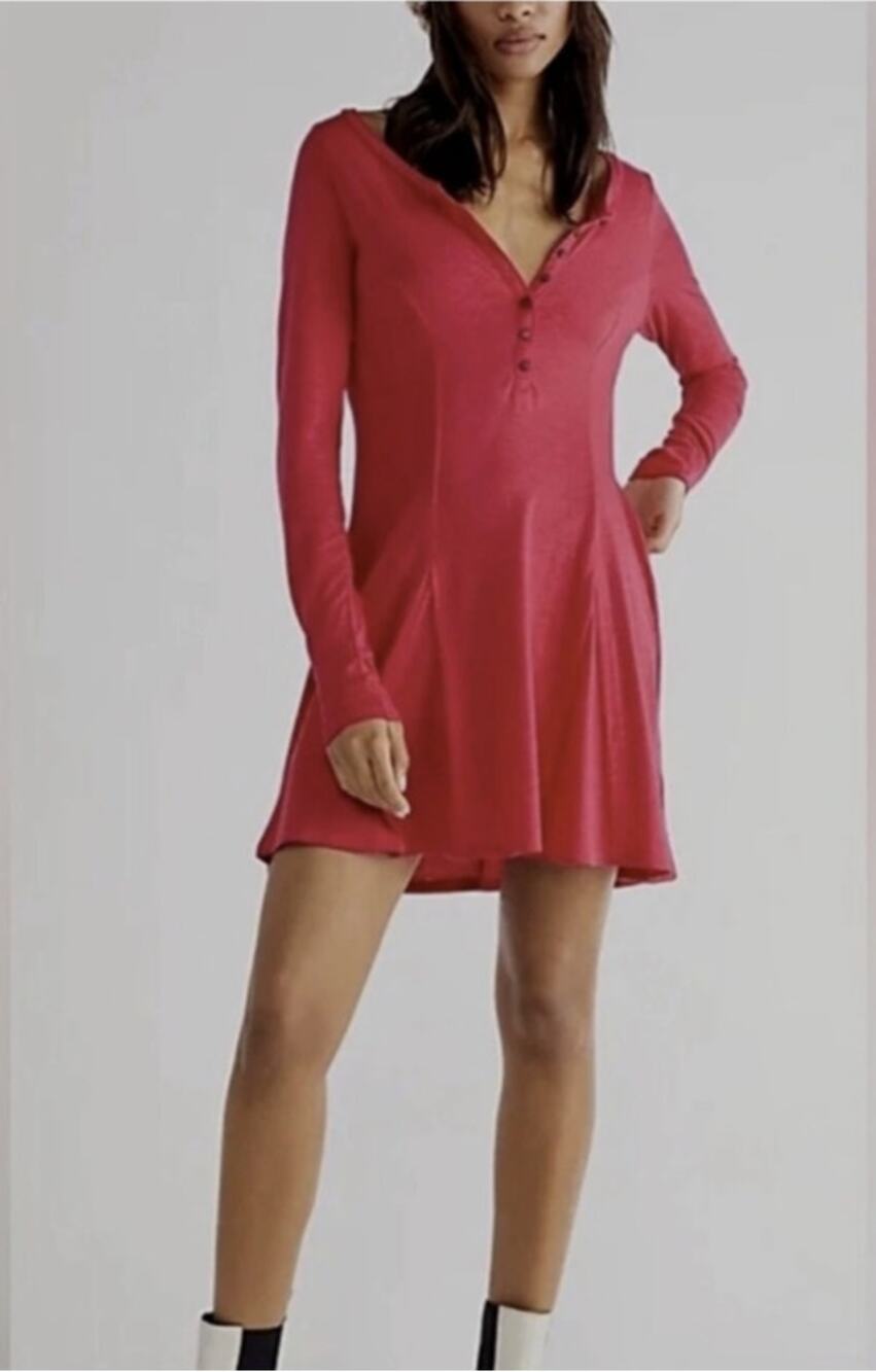 FREE PEOPLE BEACH Hot Pink Miles of Mini Henley Long Sleeve Dress Size L